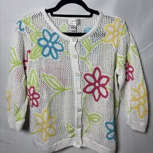Christopher Banks Womens SZ X Cardigan Open Knit Sweater Floral Coastal Boho